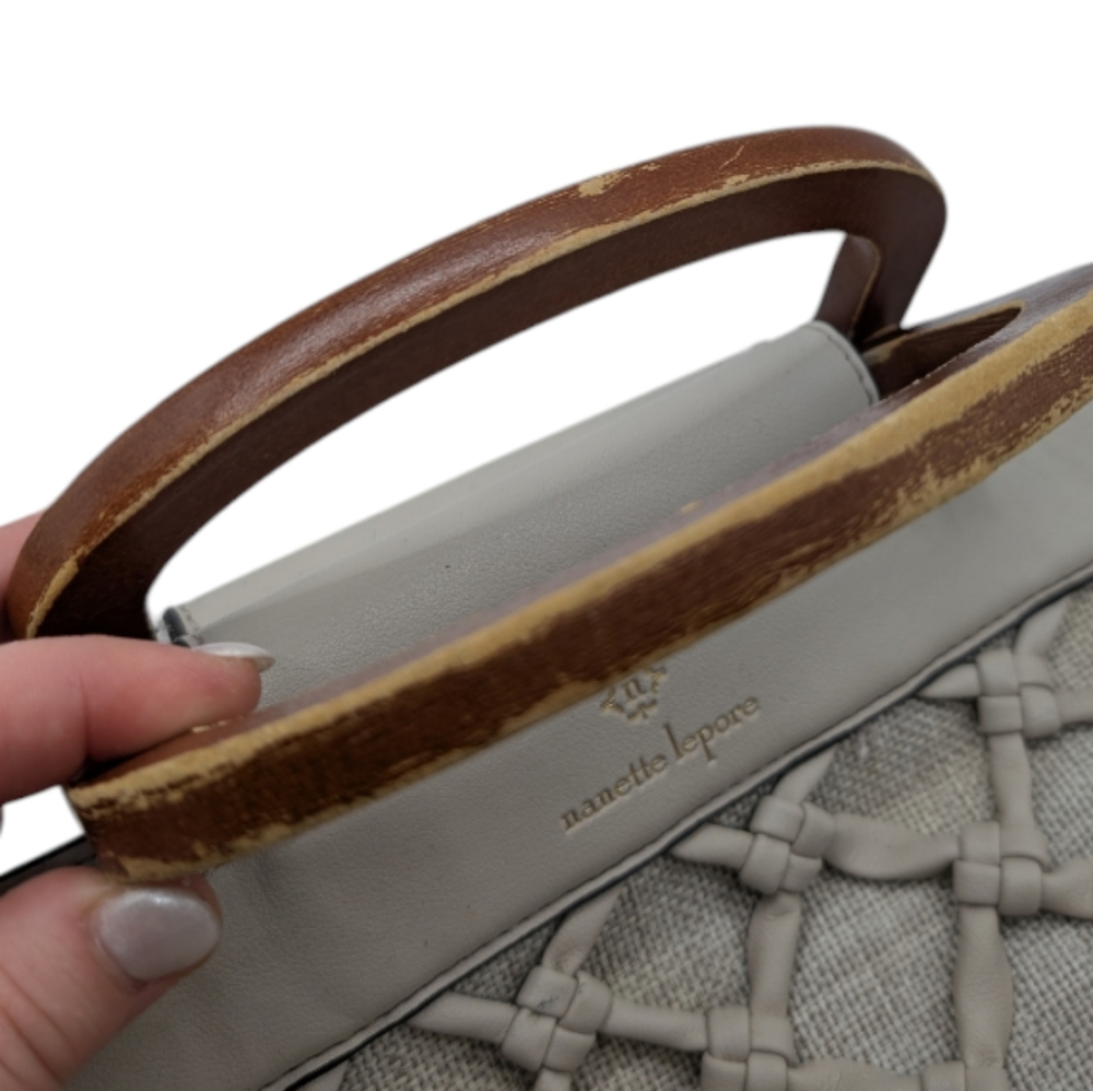 Nanette Lepore Cream and Brown Quilted Tote with Wooden Handle - Picture 4 of 13